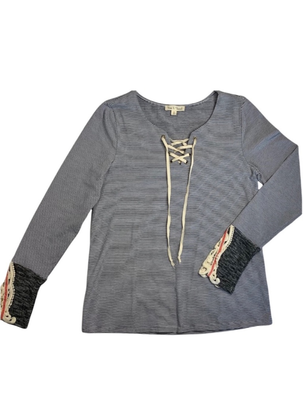 HEM & THREAD Women's Black & White Striped Long‎ Sleeve Shoelace Tie Top sz S